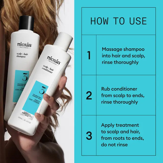 Nioxin Scalp + Hair Thickening System 3 Trio Pack LIGHT THINNING  COLOURED / DRY / DAMAGED HAIR